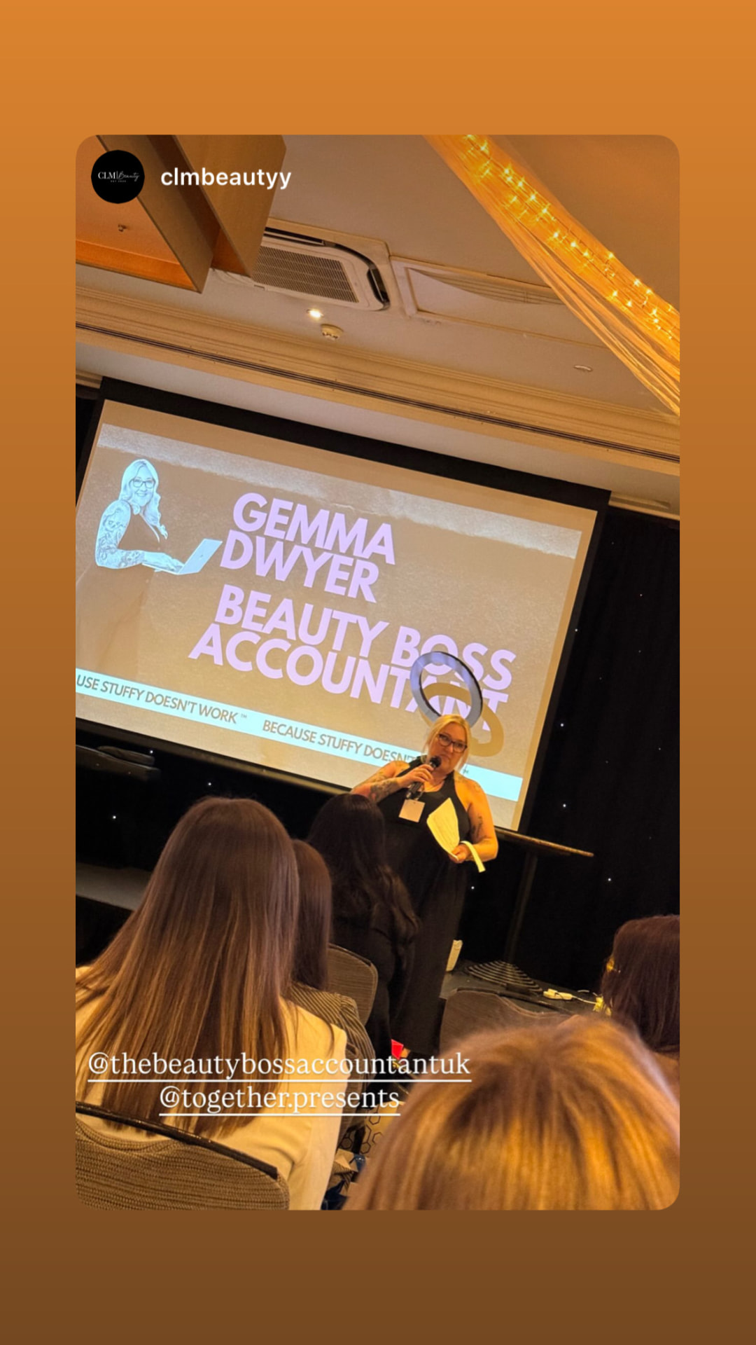 Gemma Dwyer speaking on stage for Together Presents